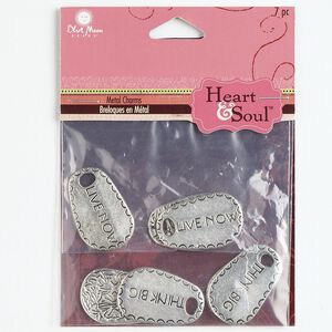 Drop mix, antique silver-finished "pewter" (zinc-based alloy), 26x16mm double-sided teardrop with (3) "LIVE NOW" and (4) "THINK BIG" with floral design on back. Sold per pkg of 7.