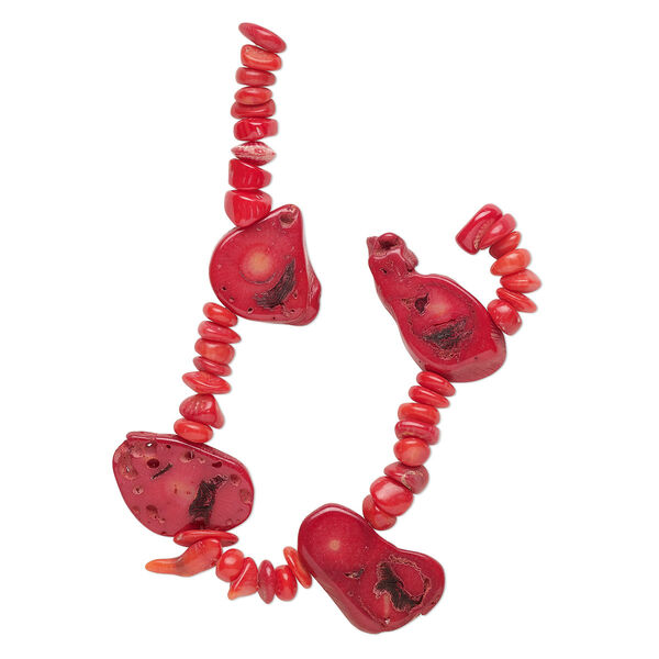 Bead mix, bamboo coral (dyed), light to dark red, small to extra-large chip and 23x12mm-37x27mm slab, Mohs hardness 3-1/2 to 4. Sold per 8-inch strand. image number 0