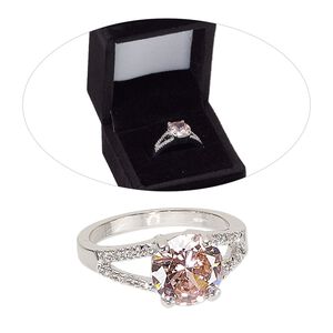 Ring, cubic zirconia and rhodium-finished brass, pink and clear, 9mm wide with solitaire, size 8. Sold individually.