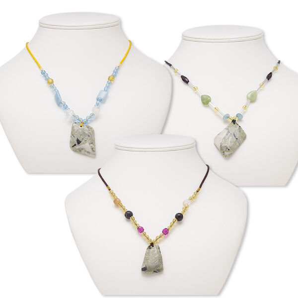 Necklace mix, green Earth "jasper" / multi-gemstone (natural / dyed) / acrylic / nylon / glass, multicolored, 33x31mm-49x37mm freeform, 20- to 24-inch continuous loop. Sold per pkg of 3. image number 0