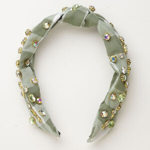 Headband 1pkg1, cloth / gold-finished stainless steel / acrylic / rhinestone, green / white / clear AB, 30mm wide, 16 inches.