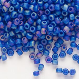 Seed bead, Dyna-Mites™, glass, transparent frosted rainbow cobalt, #6 round. Sold per 40-gram pkg.