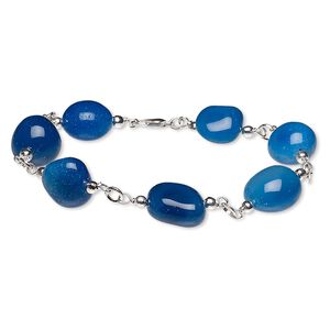 Blue agate / brass / steel 1pkg1, silver finished hand-cut nugget bracelet 7.5 inch lobster claw clasp small to medium