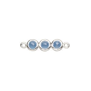 Link, sterling silver and chalcedony (dyed), blue, 18x6mm double-sided overall with 6mm faceted round, Mohs hardness 6-1/2 to 7. Sold individually.