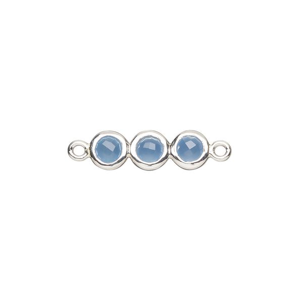 Link, sterling silver and chalcedony (dyed), blue, 18x6mm double-sided overall with 6mm faceted round, Mohs hardness 6-1/2 to 7. Sold individually. image number 0