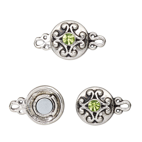 Clasp, magnetic, silver-finished "pewter" (zinc-based alloy) and glass, green, 12mm double-sided round. Sold per pkg of 2. image number 0