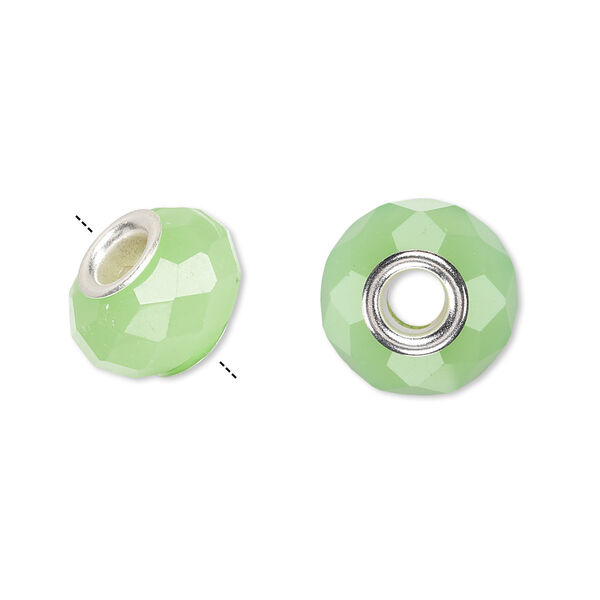 Bead, Dione®, glass and silver-plated brass grommets, opaque light green, 14x9mm faceted rondelle. Sold per pkg of 6. image number 0