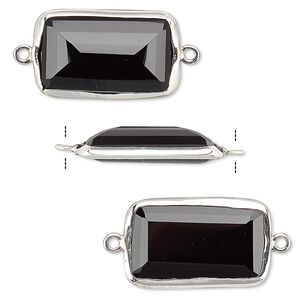 Link, black onyx (dyed) and sterling silver, 22x13mm two-sided faceted rectangle. Sold per pkg of 2.