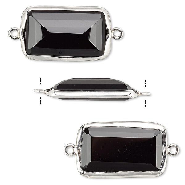 Link, black onyx (dyed) and sterling silver, 22x13mm two-sided faceted rectangle. Sold per pkg of 2. image number 0