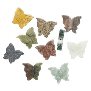 Multi-gemstone 1pkg10, carved butterfly bead mix 22x18mm-30x20mm