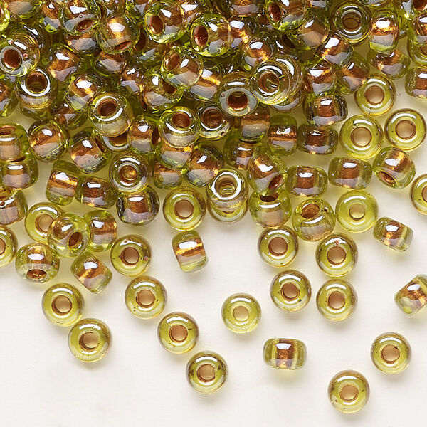 Seed bead, Miyuki, glass, pkg/250g, #6 rocaille, opaque copper pearl-lined chartreuse, (RR-3805). image number 0