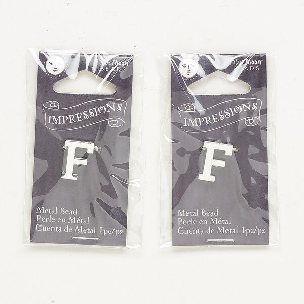 Bead, silver-finished "pewter" (zinc-based alloy), 13x10mm top-drilled alphabet letter "F" with 2mm hole. Sold per pkg of 2. image number 0