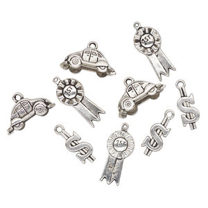 Charm mix, antique silver-finished "pewter" (zinc-based alloy), (3) 19x8mm dollar sign, (3) 23x10mm car and (3) 23x12mm 1st place ribbon. Sold per pkg of 9.