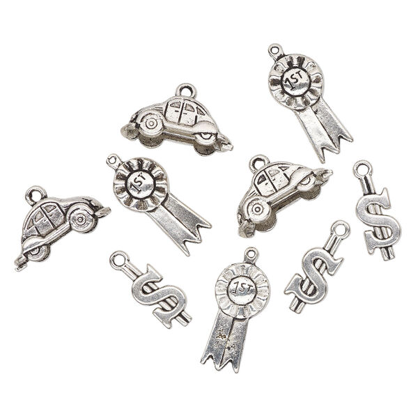 Charm mix, antique silver-finished "pewter" (zinc-based alloy), (3) 19x8mm dollar sign, (3) 23x10mm car and (3) 23x12mm 1st place ribbon. Sold per pkg of 9. image number 0