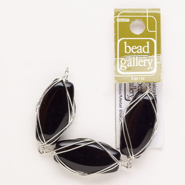 Focal, silver-finished steel and glass, opaque black, 36x18mm wire-wrapped oval. Sold per pkg of 3. image number 0