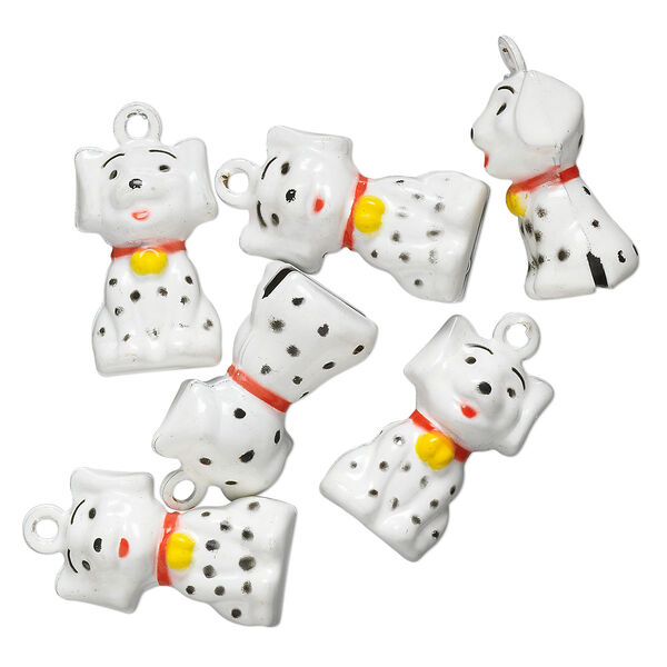 Bell, brass and enamel, multicolored, 22x14mm Dalmatian with clapper. Sold per pkg of 6. image number 0