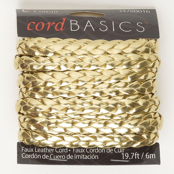 Cord, faux leather, pkg/6ms, gold, 7mm flat braided. image number 0
