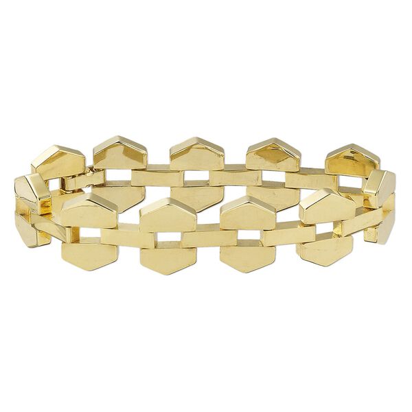Bracelet, gold-finished brass, 18mm wide with hexagon links and fold-over clasp, 7  inches. Sold individually. image number 0