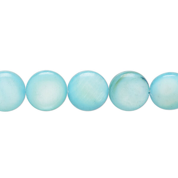 Mother-of-pearl shell 1pkg1, puffed flat round bead 15 inch light blue 9-11mm image number 0