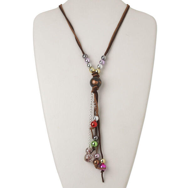 Necklace, 2-strand, lampworked glass / acrylic / velveteen / silver-finished steel, multicolored, 56 inches with 7-1/2 inch dangle and tie closure. Sold individually. image number 0