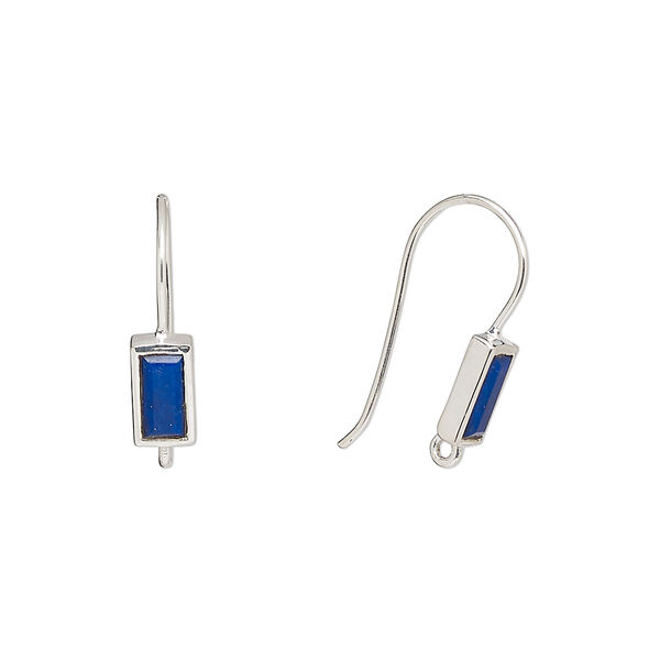 Ear wire, lapis lazuli (natural) and sterling silver, 16mm fishhook with 7x4mm rectangle and closed loop, 22 gauge. Sold per pair. image number 0