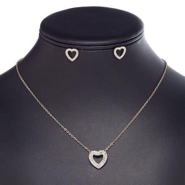 Necklace and earring set, glass rhinestone / rose gold-finished steel / brass / "pewter" (zinc-based alloy), clear, 16.5x16mm open heart, 18-inch necklace with 2-inch extender chain and lobster claw clasp, 12x11mm open heart with post. Sold per set. image number 0