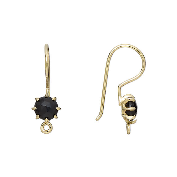 Ear wire, black onyx (dyed) and gold-finished sterling silver, 22mm fishhook with 7.5mm hand-cut faceted round and closed loop, 19 gauge. Sold per pair. image number 0