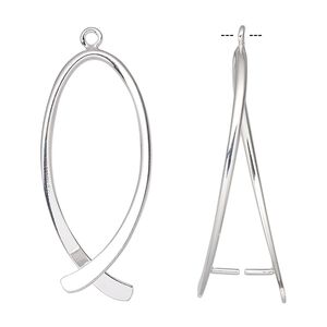 Bail, ice-pick, silver-plated brass, 35x15mm double-sided oval, 28mm grip length. Sold per pkg of 10.