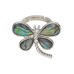 Ring 1pkg1 steel / paua shell / glass rhinestone, 28x24mm dragonfly, natural silver finish / clear
