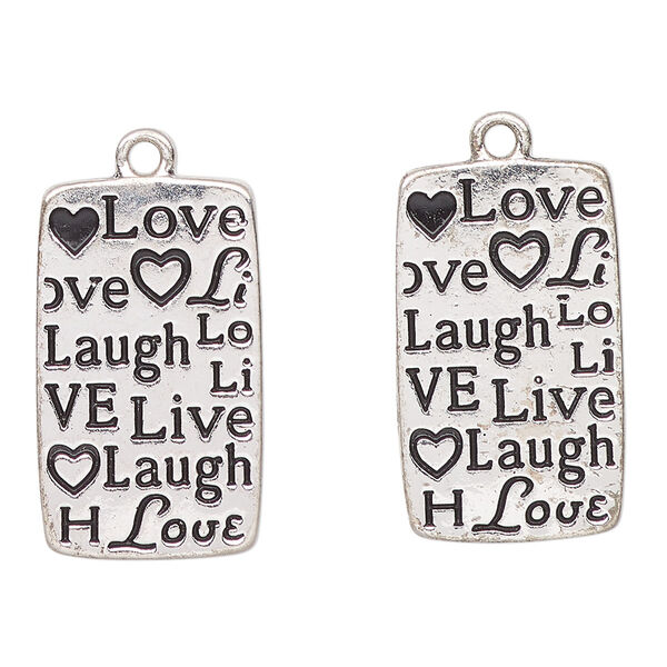 Charm, antique silver-finished enamel "pewter" (zinc-based alloy), black, 25x15mm rectangle with "Love, laugh, live" heart design. Sold per pkg of 2. image number 0
