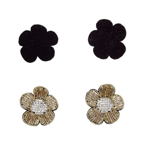 Sew-on component, velveteen and gold- and silver-finished copper French wire, black, 1-1/2 x 1-1/2 inch flower. Sold per pkg of 2. image number 0