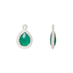 Drop, green onyx (dyed) and sterling silver, 11x9mm-12x10mm hand-cut double-sided faceted puffed teardrop with rope edge design, B grade, Mohs hardness 6-1/2 to 7. Sold individually.