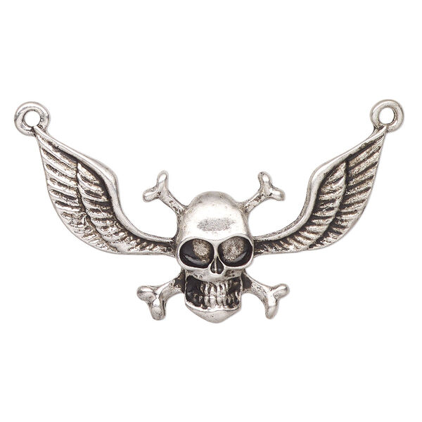 Focal, antique silver-finished "pewter" (zinc-based alloy), 49x22mm skull with crossbones and wings. Sold individually. image number 0