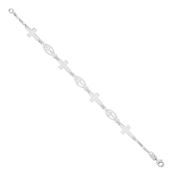 Bracelet, Create Compliments®, sterling silver, 13x7mm single-sided Christian fish and 13x9mm single-sided cross, 7 inches with lobster claw clasp. Sold individually. image number 0
