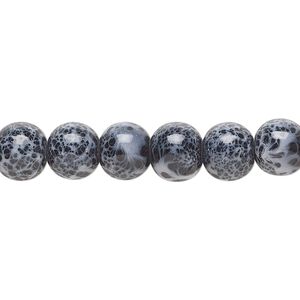 Bead, glass, opaque steel blue and black, 7-8mm round with random spotted pattern. Sold per 15-1/2" to 16" strand.