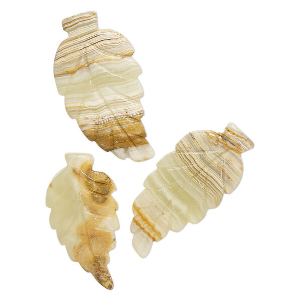 Green Italian "onyx" 1pkg3, carved leaf focal B grade, 32x17mm-43x22mm image number 0