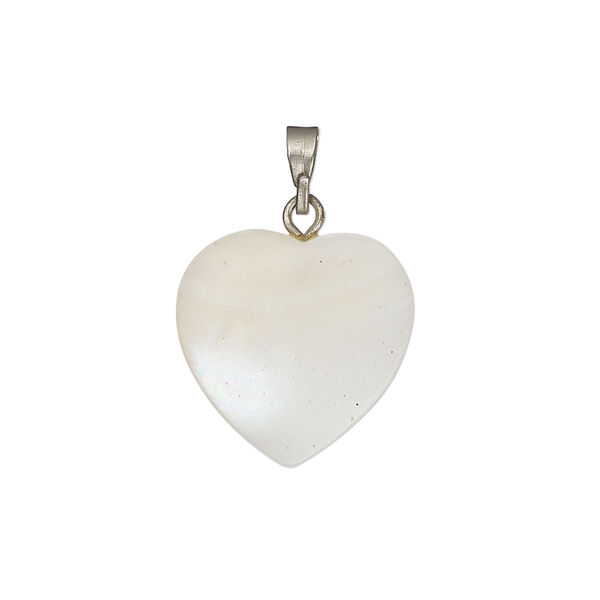 Pendant, mother-of-pearl shell (bleached) / antique silver-finished "pewter" (zinc-based alloy) / steel, 17-18mm single-sided heart. Sold individually. image number 0