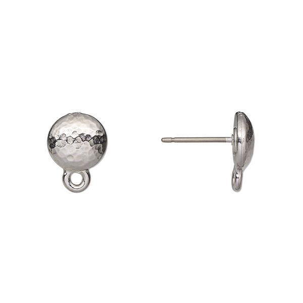 Earstud, TierraCast®, "Hammertone" collection, white bronze-plated pewter (tin-based alloy), 9mm hammered round with closed loop and titanium post. Sold per pkg of 5 pairs. image number 0