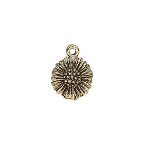 Charm, antique gold-plated pewter (tin-based alloy), 13mm single-sided daisy. Sold per pkg of 2.