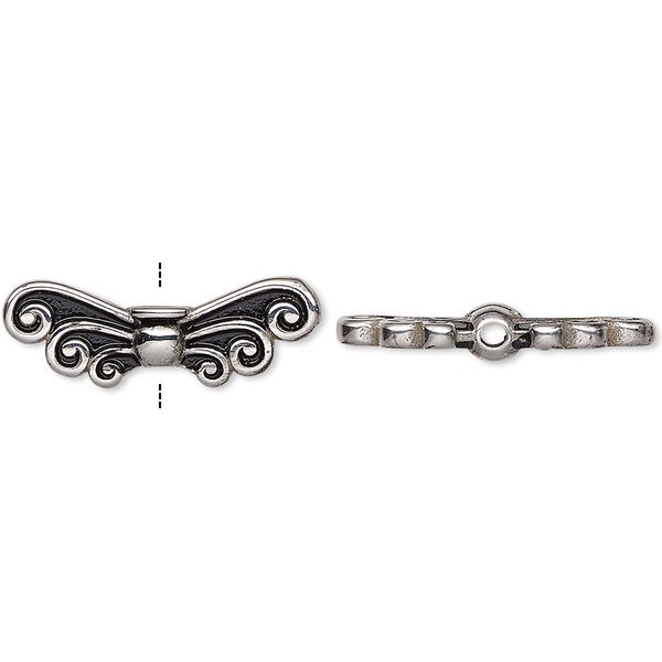 Bead, enamel and stainless steel, black, 21x8mm double-sided angel wing. Sold individually. image number 0
