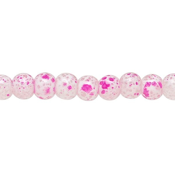 Bead, glass, opaque dark pink and white, 5-6mm round with random spotted pattern. Sold per 15-1/2" to 16" strand. image number 0