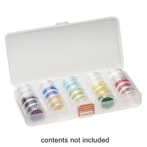 Organizer, plastic, clear and pink, 7-1/2 x 4 x 1-3/8 inch rectangle, (25) 1-1/8 x 5/8 inch stackable jars, 5 removable compartments, snap closure. Sold individually.