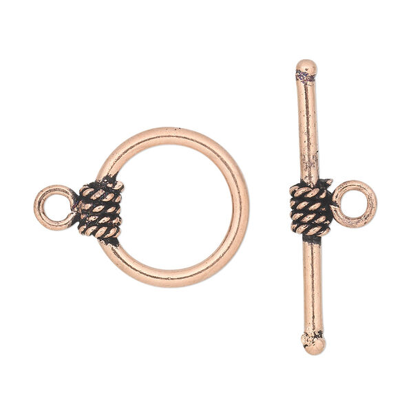 Clasp, toggle, antique copper-plated copper, 16mm round with rope pattern. Sold per pkg of 4. image number 0