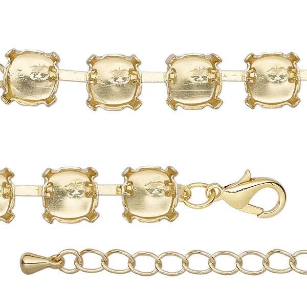 Necklace component, gold-finished brass and steel, 8mm wide cupchain with (38) SS39 settings, 18 inches with 3-inch extender chain and lobster claw clasp. Sold individually. image number 0