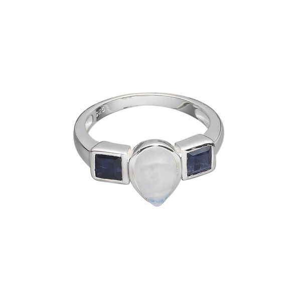 Ring, sterling silver with rainbow moonstone and iolite (natural), 9x6mm teardrop cabochon and (2) 4x4mm faceted squares, size 7. Sold individually. image number 0