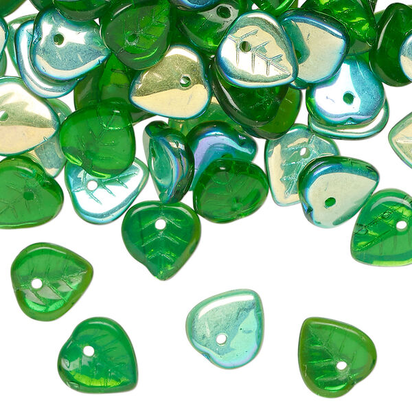 Bead 1pkg100 Czech pressed glass, emerald green AB, 9x8.5mm top-drilled leaf. image number 0