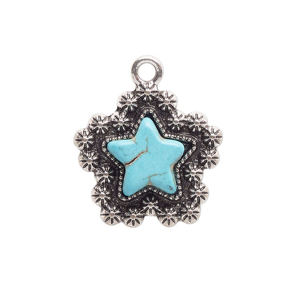 Charm, antique silver-finished "pewter" (zinc-based alloy) and "turquoise" (resin) (imitation), turquoise blue, 22mm single-sided star. Sold per pkg of 4. image number 0