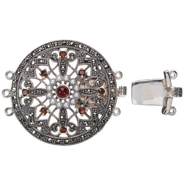 Clasp, 3-strand tab, Signity® marcasite (natural) / garnet (imitation) / freshwater pearl shell (bleached) / antiqued sterling silver, white, 37mm domed round with cutout designs. Sold individually. image number 0