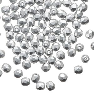 Bead 1pkg1 Czech fire-polished glass, 4mm satin faceted round, 1 mass opaque silver
