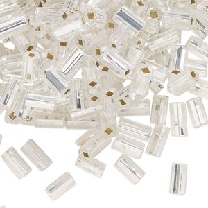 Bugle bead, glass, translucent silver-lined crystal clear, 7x3mm square tube. Sold per 50-gram pkg, approximately 800 beads.